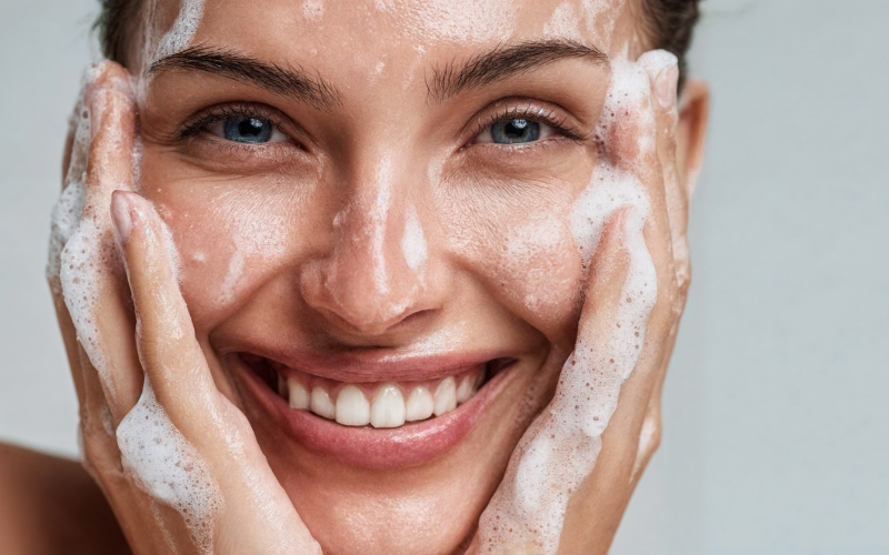 Femme qui se double nettoie le visage